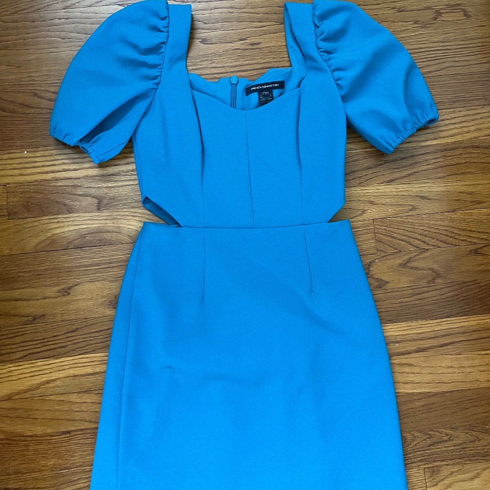 Blue French connection dress with puff sleeves and cut out
